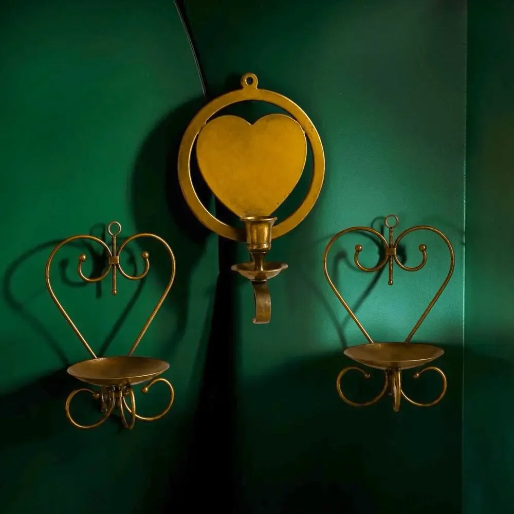 Styled Vintage Brass Heart Collection | Wall Sconce & Pair of Heart Taper Holder